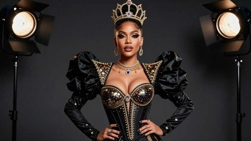 Bold female rapper in haute couture fashion shoot with dramatic makeup and powerful queen aesthetic