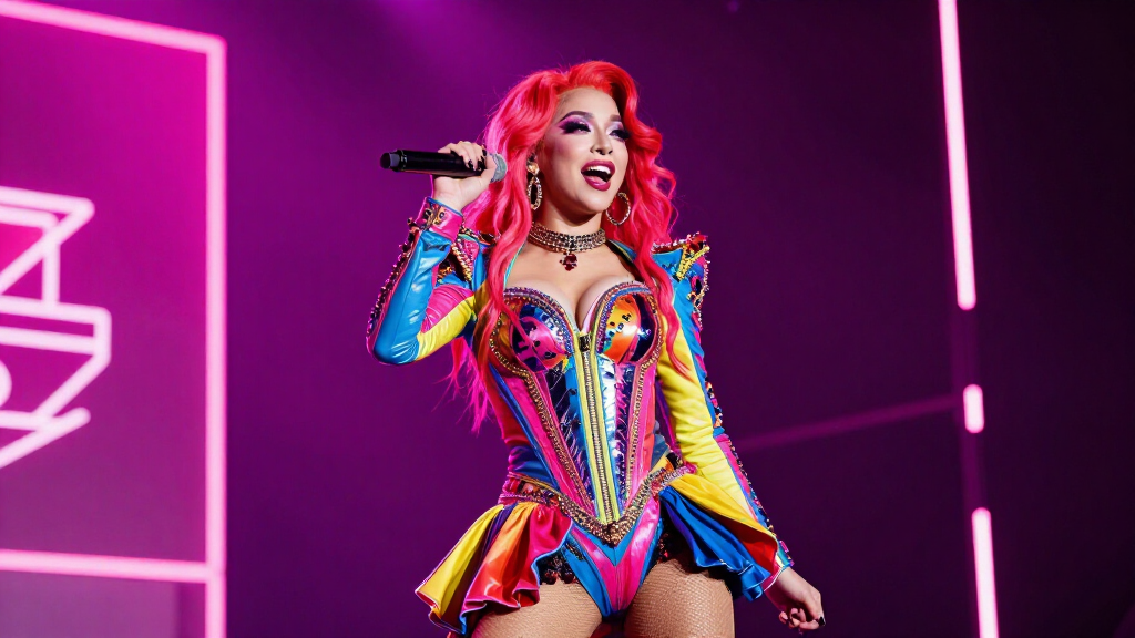 Flamboyant female rap queen performing on a pink neon-lit stage with colorful costume