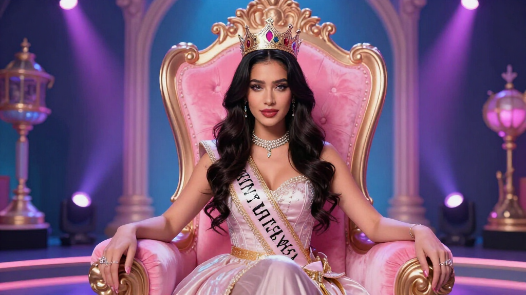 Confident female entertainer in colorful fantasy scene, pink throne and queen rap aesthetic