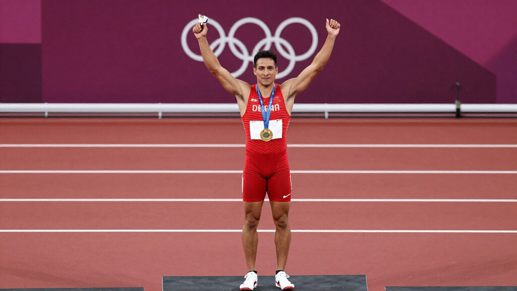 Noah Lyles Olympic gold medal victory celebration arms raised track