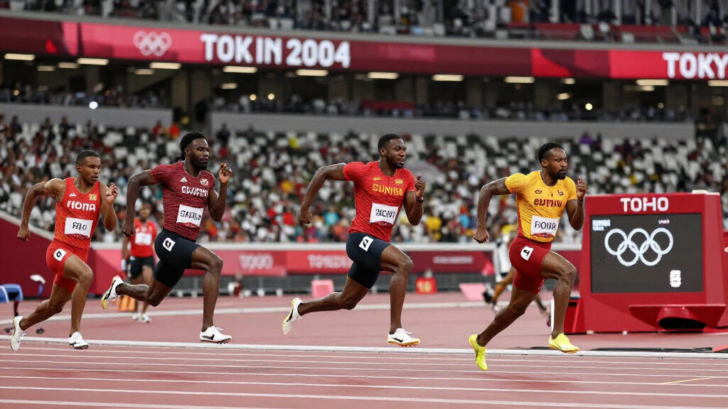 Noah Lyles sprinting 100 meters Olympic race track action shot