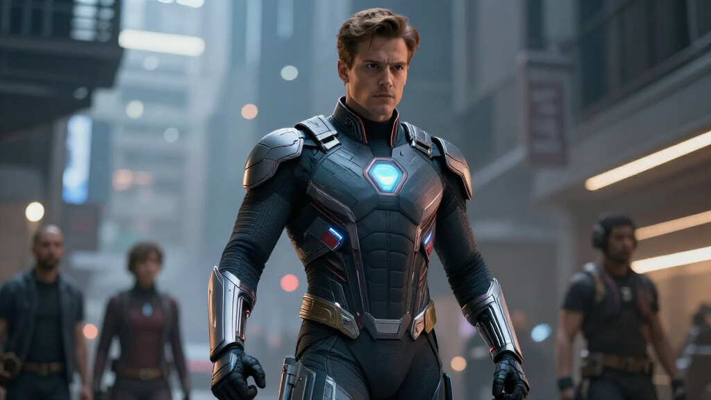 Superhero in futuristic sci-fi suit, Marvel Fantastic Four inspired imagery