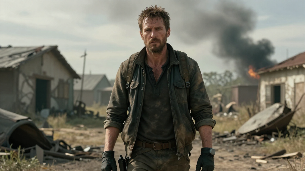 Rugged survivor in post-apocalyptic wasteland, inspired by The Last of Us