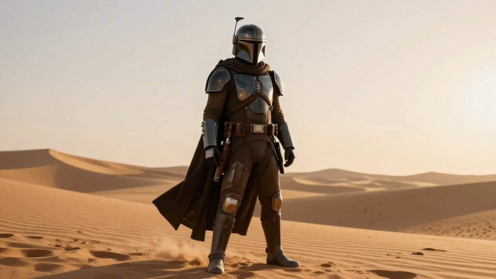 Pedro Pascal as a Mandalorian warrior in desert cinematic scene