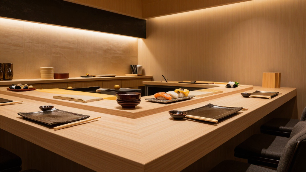 Luxury Japanese restaurant interior inspired by Nobu — a cornerstone of De Niro's business empire