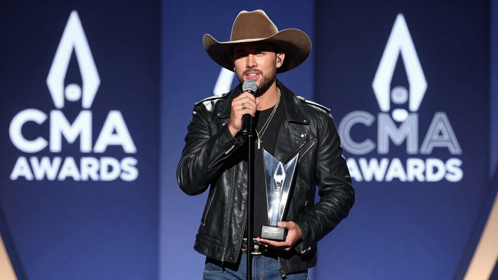 Shaboozey at the CMA Awards accepting New Artist of the Year