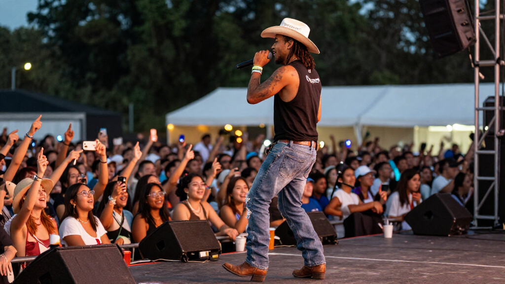 Country hip-hop crossover artist performing on festival stage cowboy hat boots microphone crowd