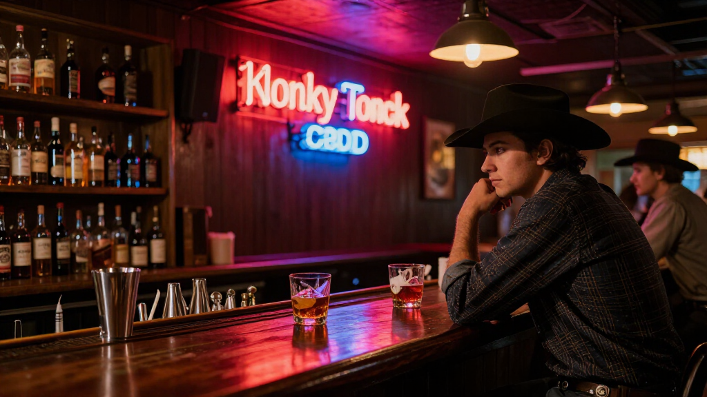 Country music bar honky-tonk neon lights bartender whiskey bottles americana southern culture night scene