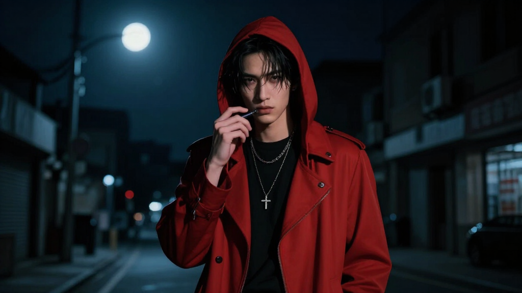 Mysterious music artist in dark red aesthetic, noir cinematic style