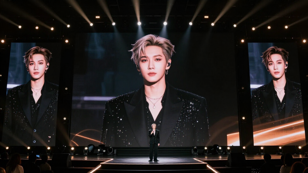 Pop star at luxury awards ceremony with dramatic stage lighting