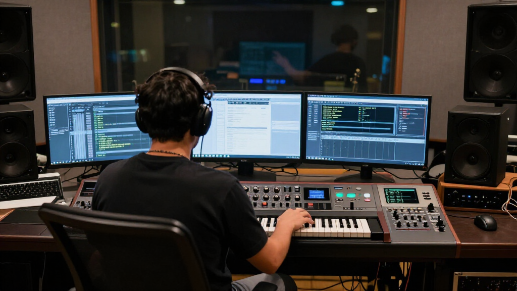 Music producer in a state-of-the-art recording studio at night