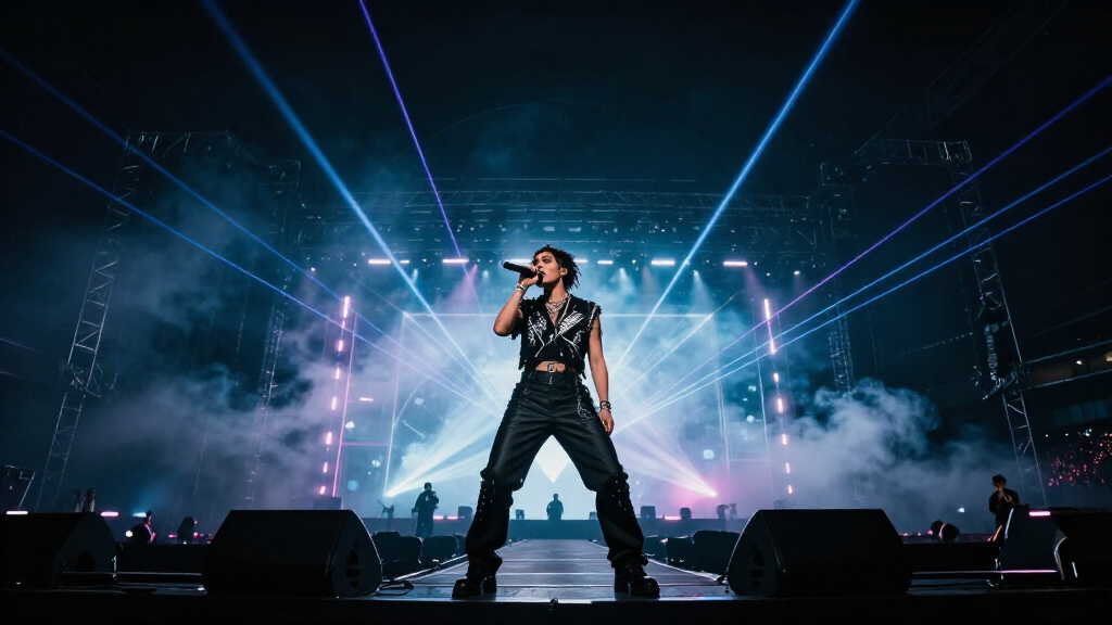 R&B pop artist performing on a massive neon-lit stadium stage