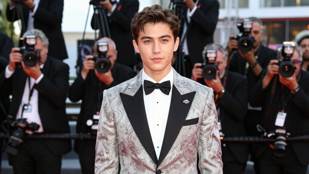 Young Hollywood movie star at a film premiere red carpet event in formal suit