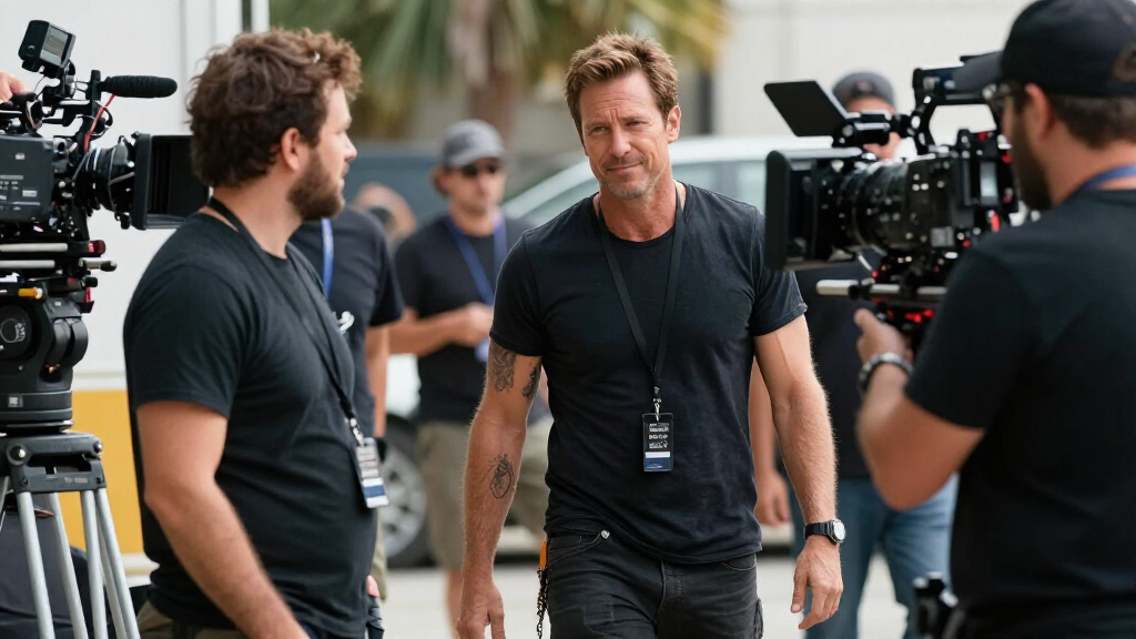 Hollywood action star on major film set cameras crew blockbuster production