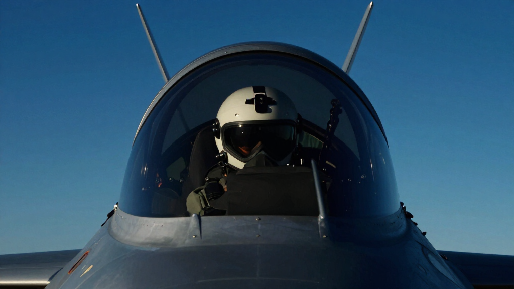Fighter jet cockpit inside pilot helmet blue sky Top Gun style action
