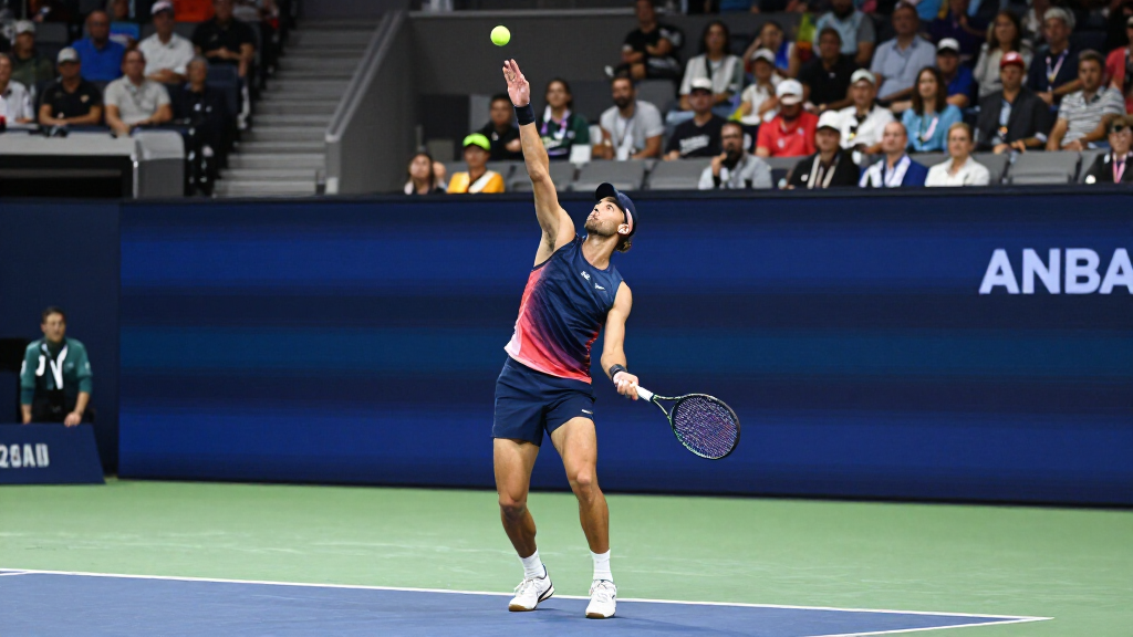 Tommy Paul serving at professional tennis match