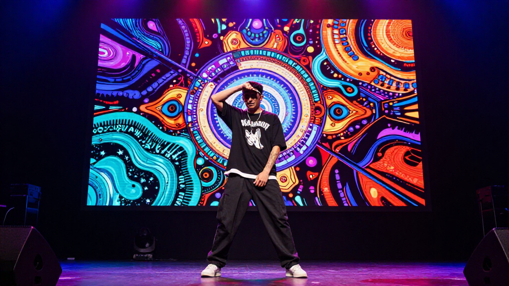 Hip-hop rap artist performing on concert stage colorful artistic visuals vibrant experimental creative