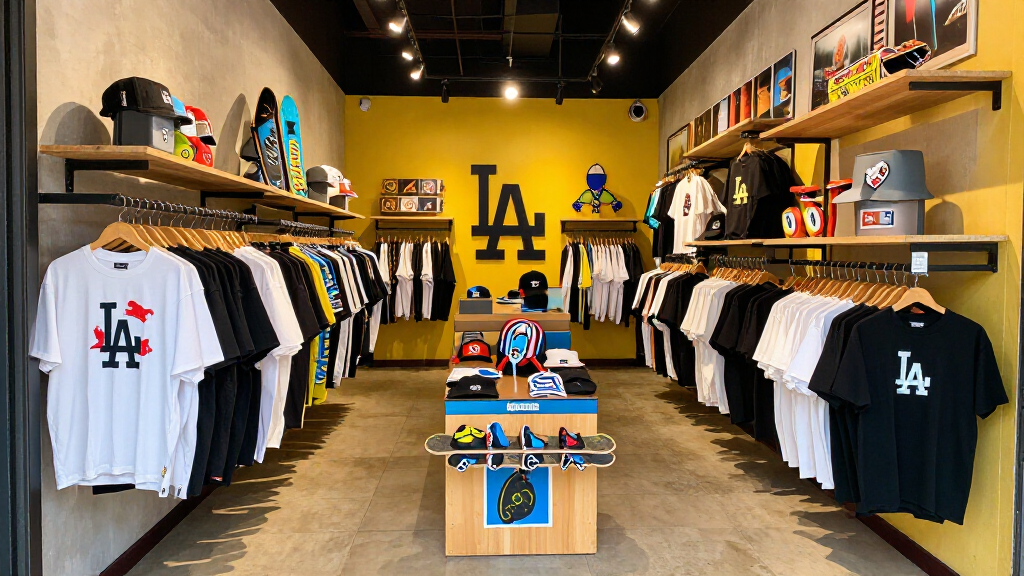Streetwear fashion clothing brand store display vibrant colorful skate culture LA youth street style