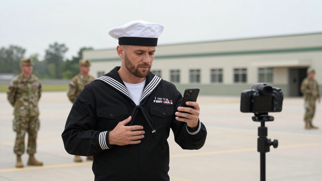 Zach Bryan in Navy uniform recording music on phone, military base