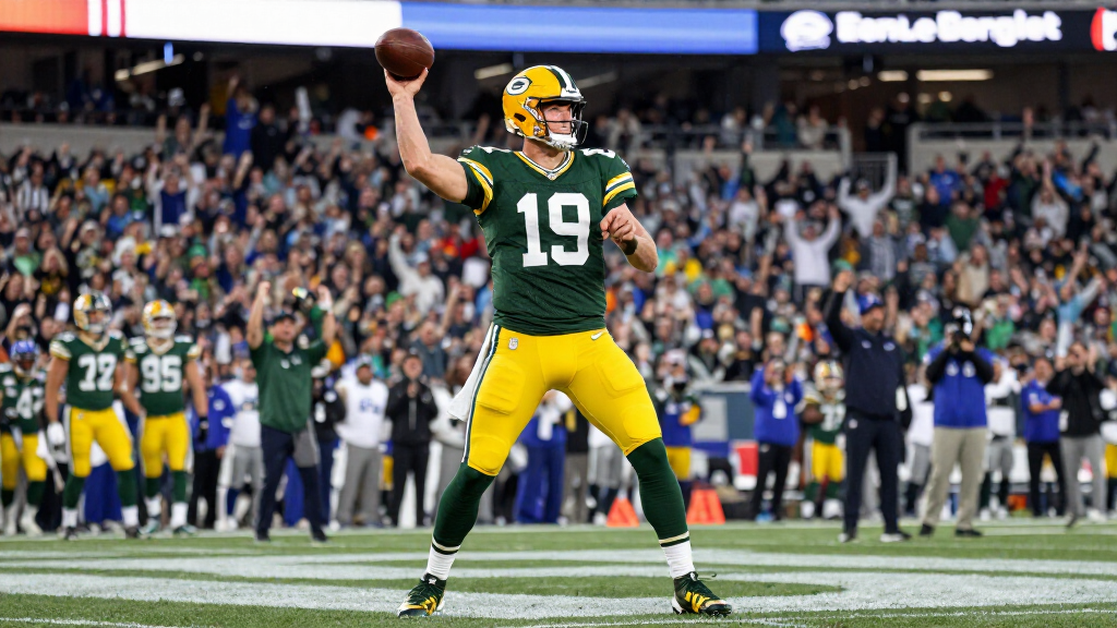 NFL quarterback in Packers green and gold celebrating a touchdown