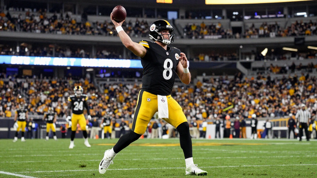 NFL quarterback in Steelers black and gold uniform preparing to pass