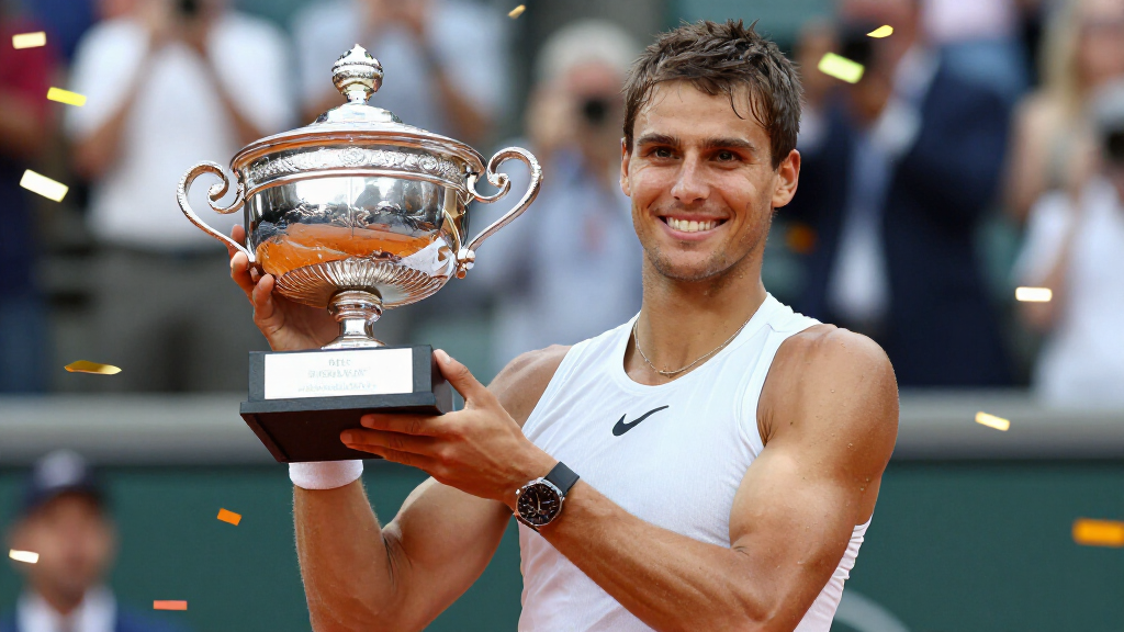 Carlos Alcaraz lifting a Grand Slam championship trophy