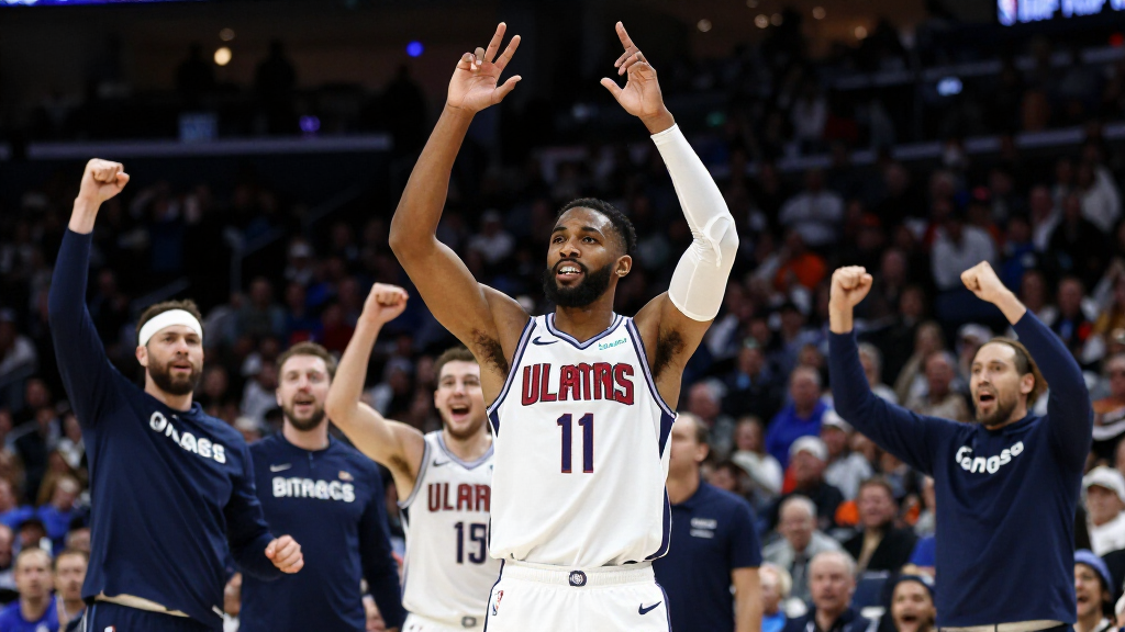 Anthony Edwards celebrating a big play with his Minnesota Timberwolves teammates