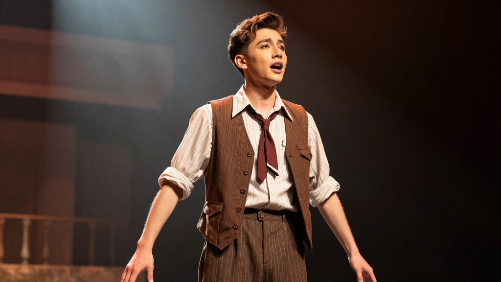 Young actor performing on stage in retro 1950s style clothing with dramatic spotlight