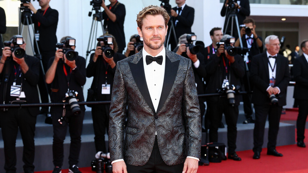 Hollywood actor at a film premiere red carpet event in designer suit with cameras flashing