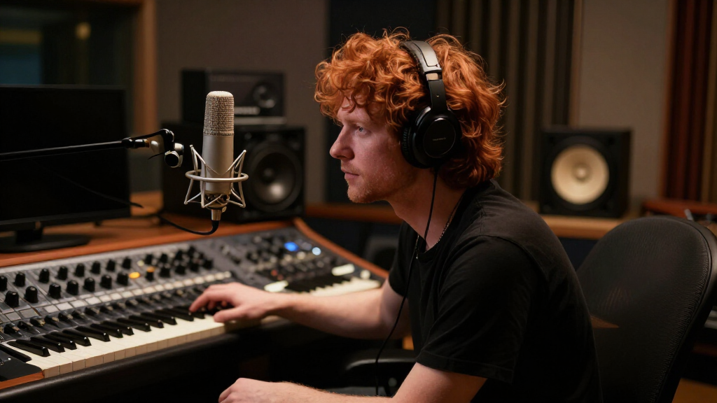 Ed Sheeran working in a professional recording studio