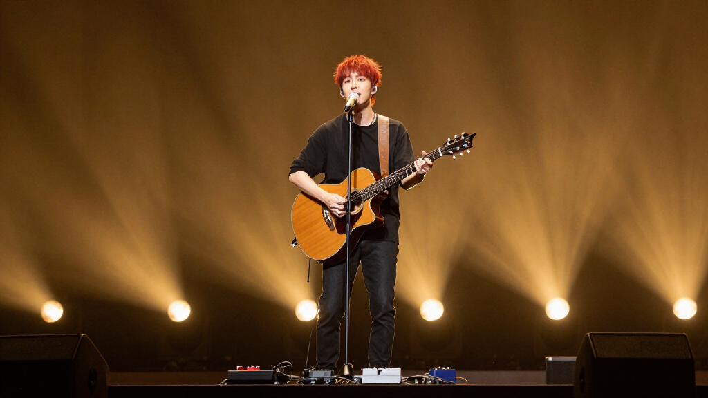 Ed Sheeran performing live on stage with guitar and loop pedal