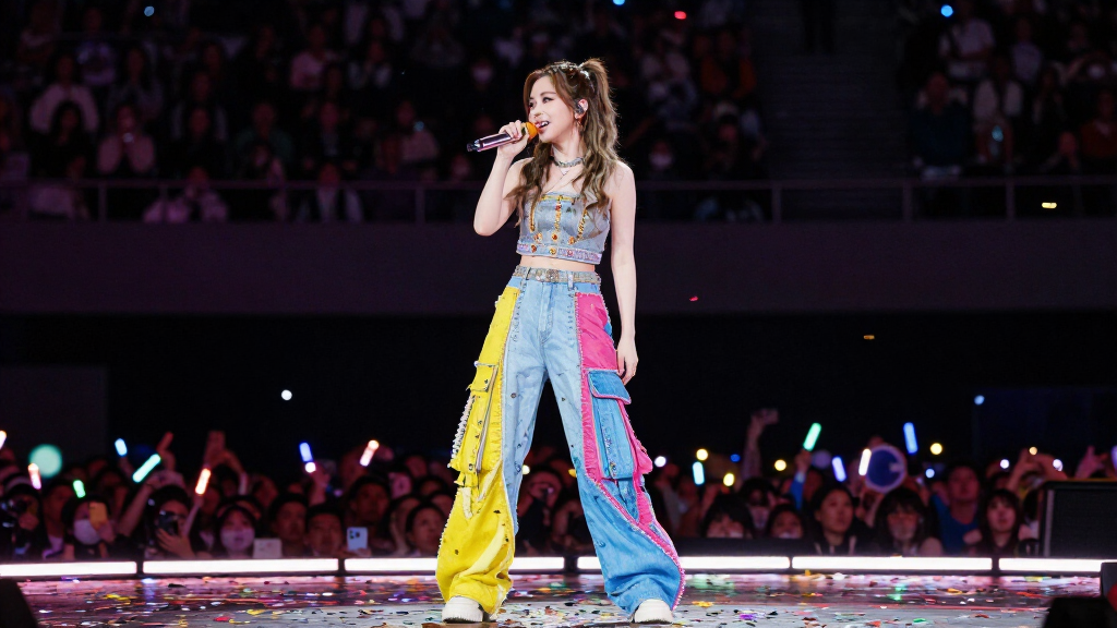 Pop star performing on colorful concert stage