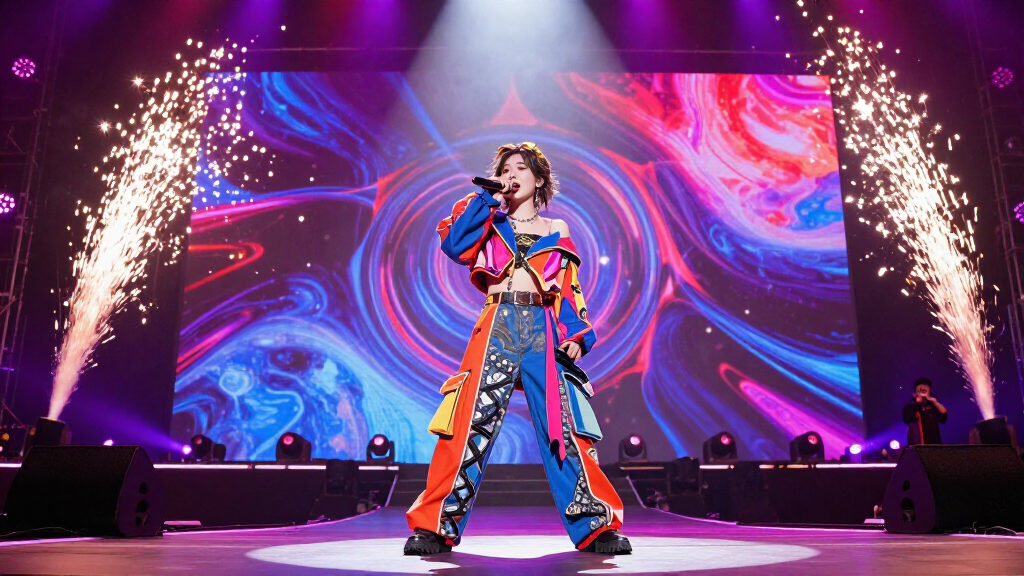 Pop star performing on colorful concert stage