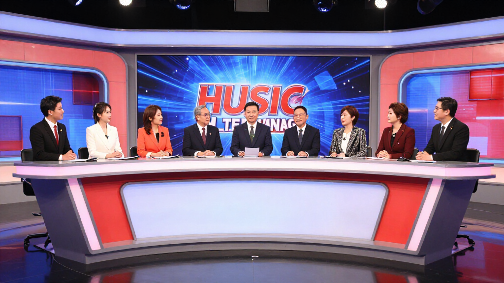 Television talent show judge panel in bright studio