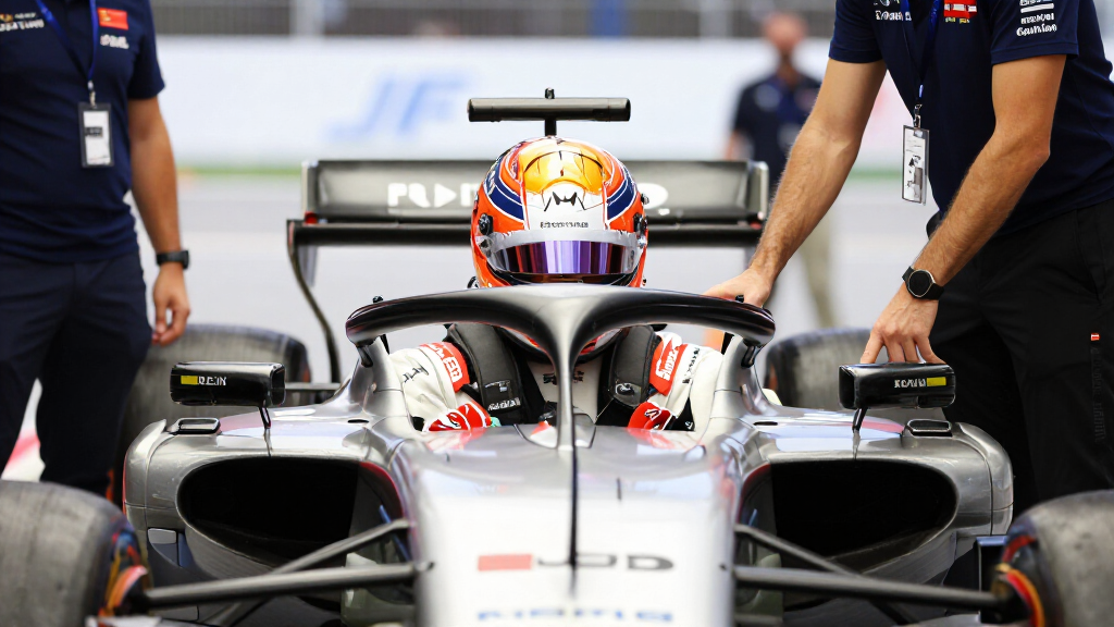 Formula 1 driver in cockpit pre-race preparation