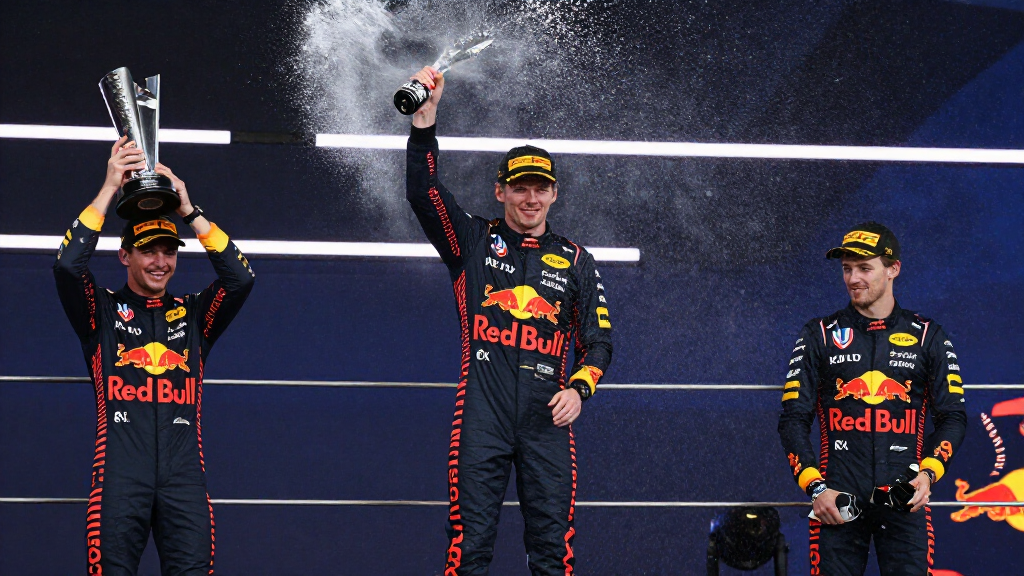 Max Verstappen celebrating an F1 victory on the podium with Red Bull Racing