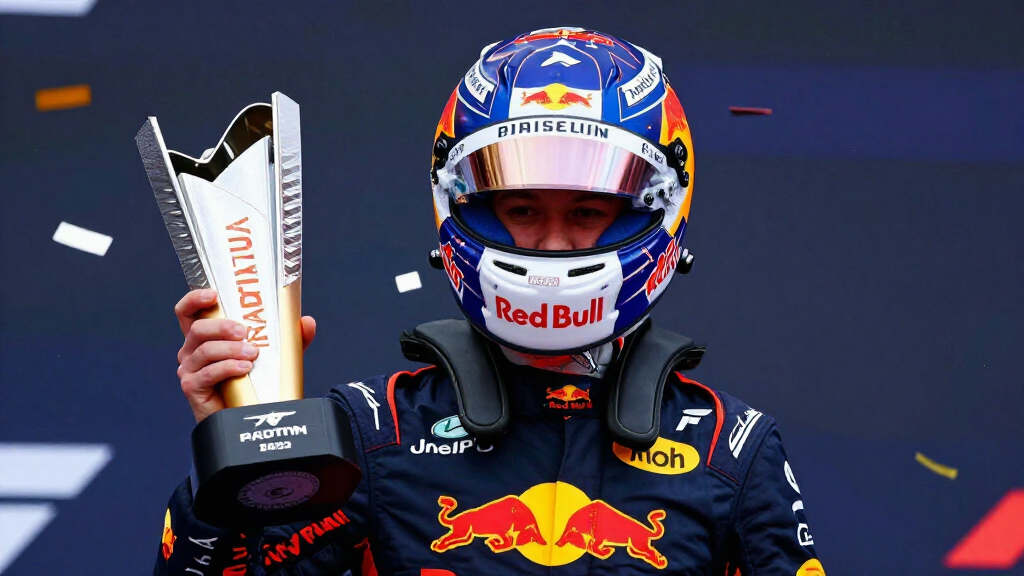 Max Verstappen Formula 1 champion holding trophy on podium