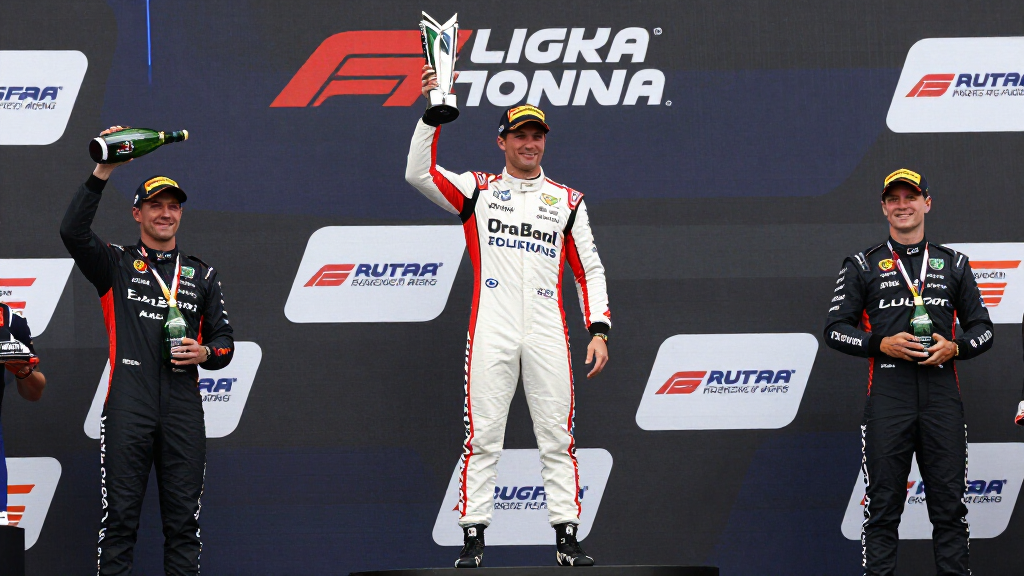 F1 driver celebrating on podium with championship trophy