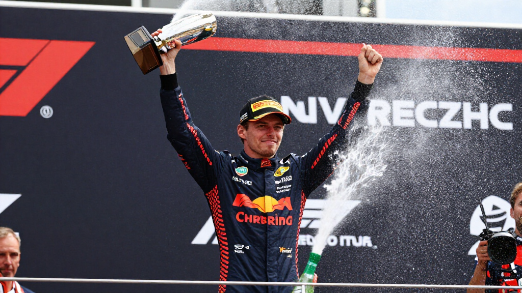 Max Verstappen celebrating on Formula 1 podium with trophy