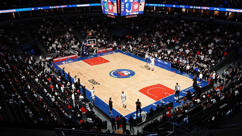 Championship basketball arena atmosphere with crowd
