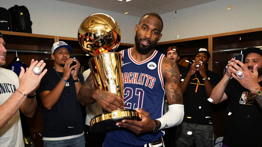 NBA championship trophy celebration in locker room