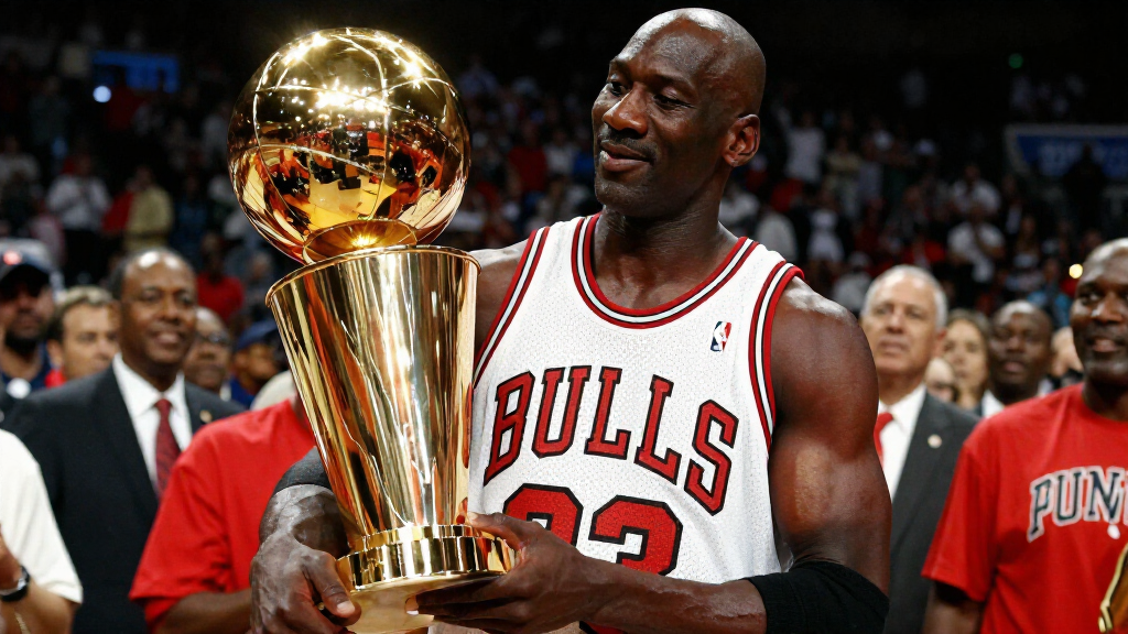 Michael Jordan holding NBA Championship trophy