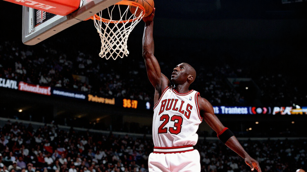 Michael Jordan NBA basketball legend performing iconic slam dunk