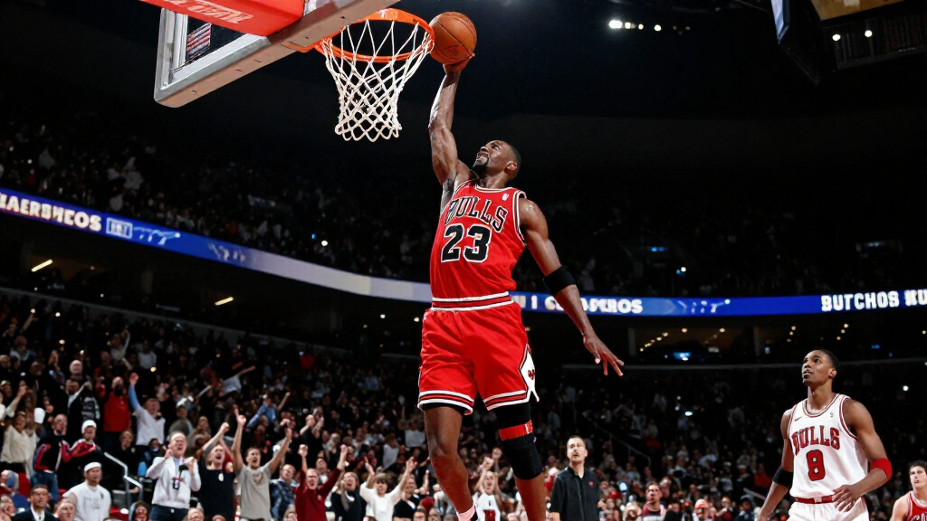 Michael Jordan legendary slam dunk in Chicago Bulls jersey number 23