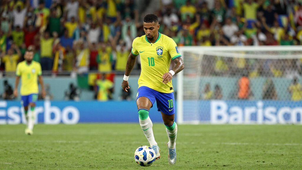 Brazilian football star dribbling at stadium
