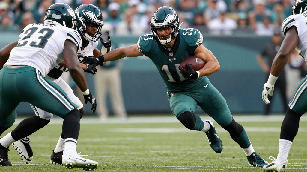 NFL running back in Eagles green uniform breaking through the defensive line