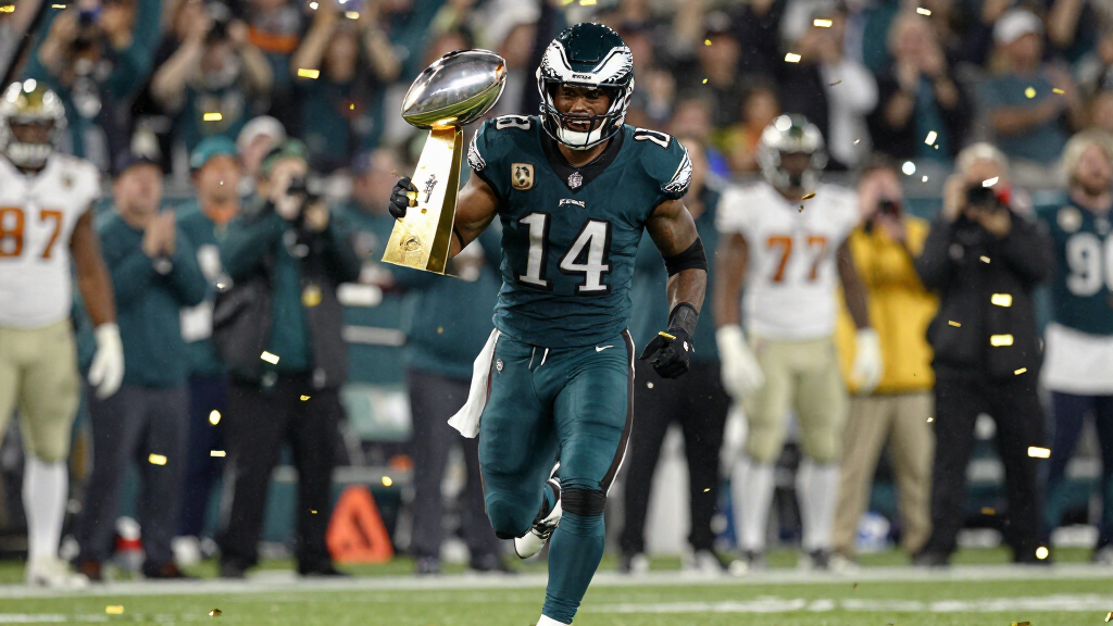 Eagles running back celebrating Super Bowl victory with trophy and confetti raining down
