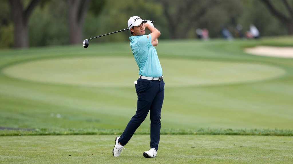 Scottie Scheffler hitting his signature iron shot on a PGA Tour fairway