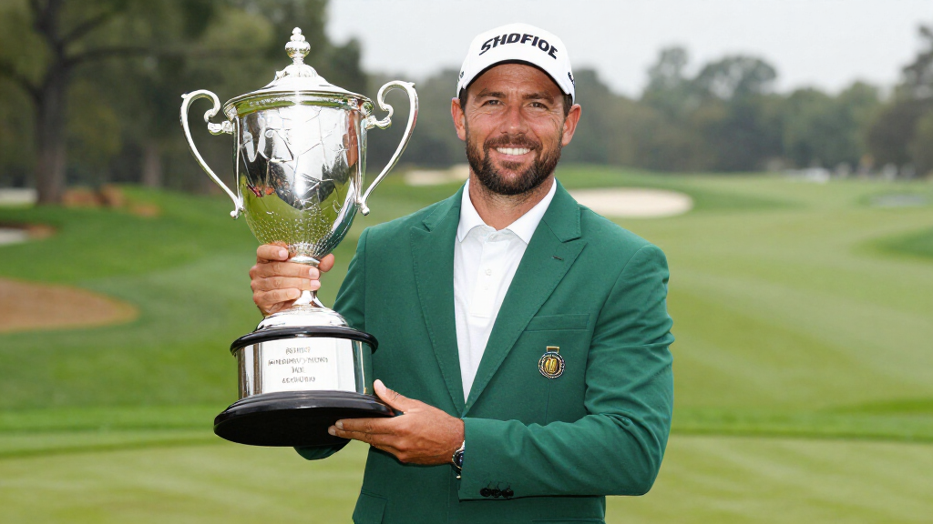 Scottie Scheffler holding a major championship trophy with his caddie