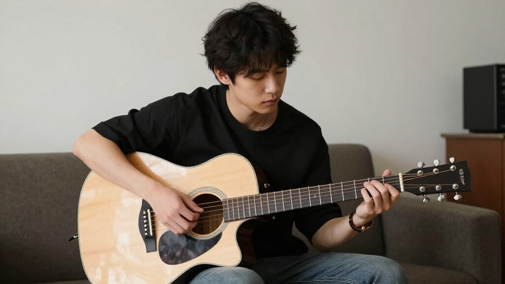 Shawn Mendes with acoustic guitar in a creative setting